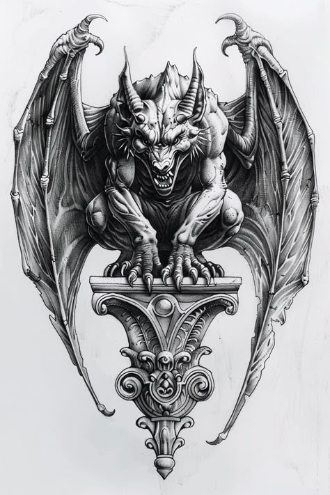 Tattoo of a crouched gargoyle with runic wings