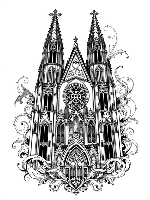Temporary tattoo of gothic cathedral tower with lightning
